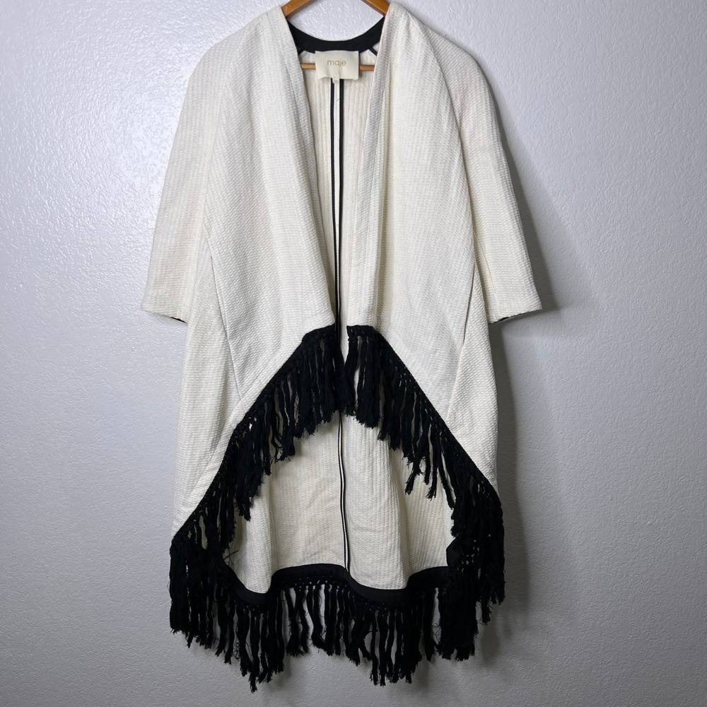 Maje Vitala Ecru Textured Knit Fringe Poncho Wrap Sweater Pockets Size 1 Small‎